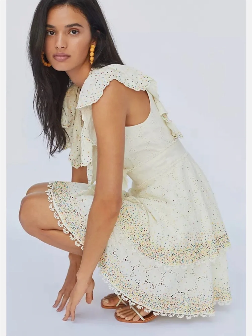 FARM Rio Ivory Eyelet Ruffle V-Neck Dress with Multicolor Beaded Dots - Picture 3 of 16